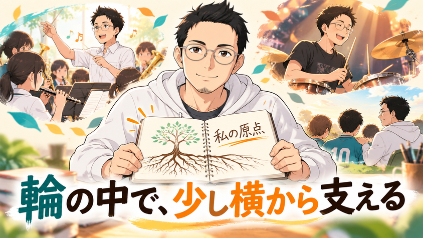 吹奏楽部の学生指揮やバンドのドラムなど、輪の中で横から支えてきた原点を表すイラスト
