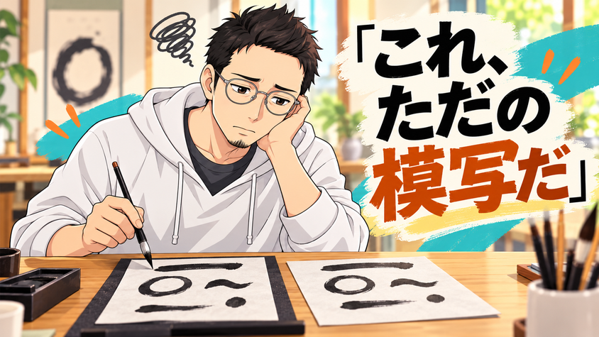 己書のワークショップで筆を持ち、「これはただの模写だ」と気づく様子のイラスト