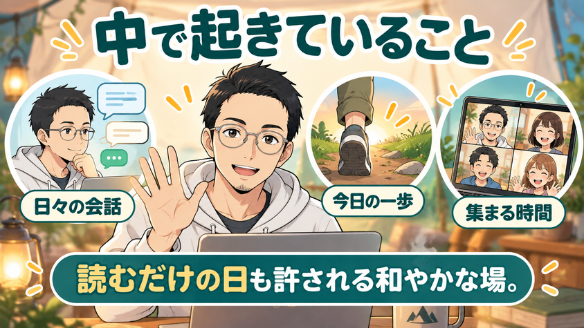 コミュニティの活動内容——焚き火の雑談・FIND会・オンライン飲み・大阪オフ会のイラスト