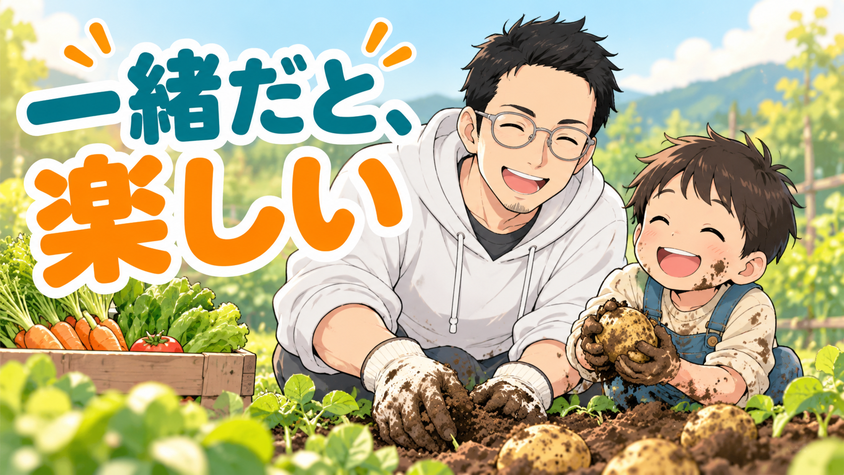 家族で畑仕事を楽しみ、子どもが土いじりをして笑うイラスト