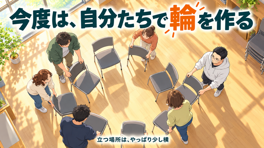 所属は与えられるものから自分で作るものへ——輪の中で横から支える立ち位置のイラスト