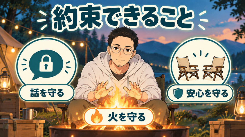 焚き火の3つのルール——比べない・煽らない・ゆるくいく のイラスト