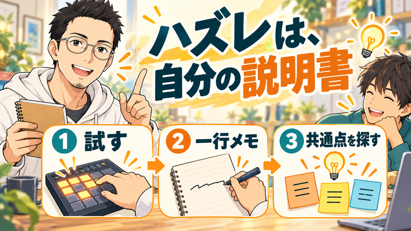 ハズレの記録のつけ方——試す・一行メモ・3つ溜まったら共通点を探す、の3ステップのイラスト