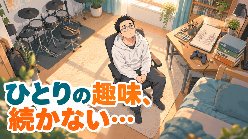FIRE後にドラムやイラスト、サウナなどひとりの趣味を試すも続かない様子のイラスト