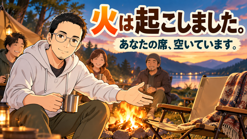 焚き火とあなたの席が待っているキャンプ場のイラスト